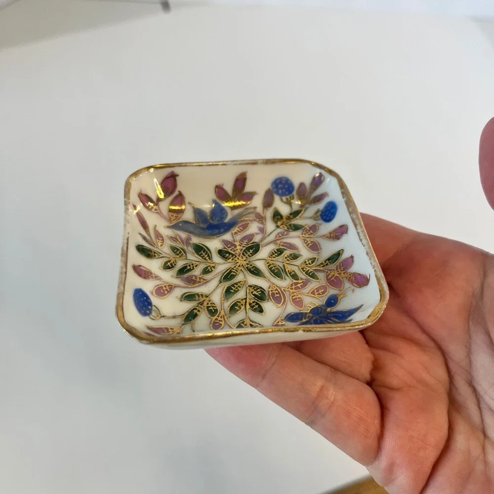 Vintage Porcelain Trinket Dish Set Bird Floral Gold Gilt Square Ring Trays 2pc